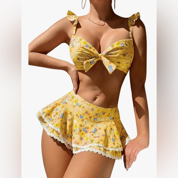 2 Piece Floral Print Bikini Sets with Frill Trim Skort Swimsuit Bathing Suit - Picture 1 of 4
